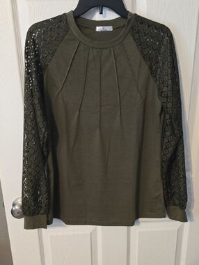 Olive Green Lace-Sleeve Women's Top